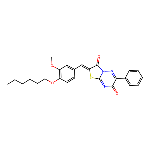 (Z)-2-(4-(hexyloxy)-3-methoxybenzylidene)-6-phenyl-2H-thiazolo[3,2-b][1,2,4]triazine-3,7-dione structure