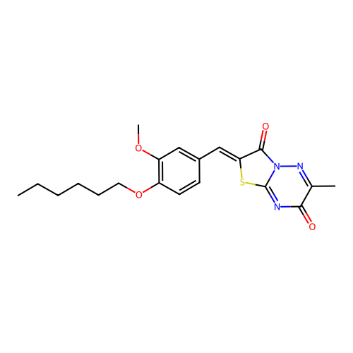 (2Z)-2-[(4-hexoxy-3-methoxyphenyl)methylidene]-6-methyl-[1,3]thiazolo[3,2-b][1,2,4]triazine-3,7-dione structure