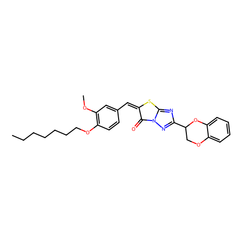 (5E)-2-(2,3-dihydro-1,4-benzodioxin-2-yl)-5-[4-(heptyloxy)-3-methoxybenzylidene][1,3]thiazolo[3,2-b][1,2,4]triazol-6(5H)-one structure