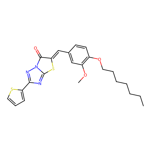 (Z)-5-(4-(heptyloxy)-3-methoxybenzylidene)-2-(thiophen-2-yl)thiazolo[3,2-b][1,2,4]triazol-6(5H)-one structure