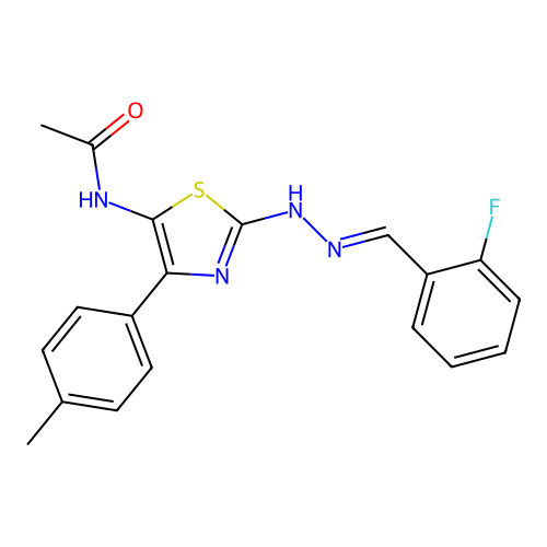 (E)-N-(2-(2-(2-fluorobenzylidene)hydrazinyl)-4-(p-tolyl)thiazol-5-yl)acetamide structure