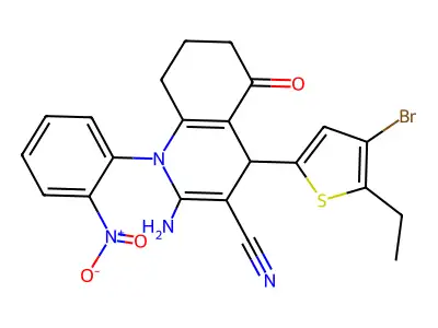 2-amino-4-(4-bromo-5-ethylthiophen-2-yl)-1-(2-nitrophenyl)-5-oxo-4,6,7,8-tetrahydroquinoline-3-carbonitrile structure