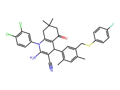 2-Amino-1-(3,4-dichlorophenyl)-4-(5-{[(4-fluorophenyl)sulfanyl]methyl}-2,4-dimethylphenyl)-7,7-dimethyl-5-oxo-1,4,5,6,7,8-hexahydroquinoline-3-carbonitrile structure