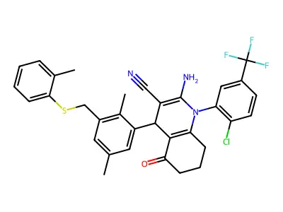 2-amino-1-[2-chloro-5-(trifluoromethyl)phenyl]-4-[2,5-dimethyl-3-[(2-methylphenyl)sulfanylmethyl]phenyl]-5-oxo-4,6,7,8-tetrahydroquinoline-3-carbonitrile structure