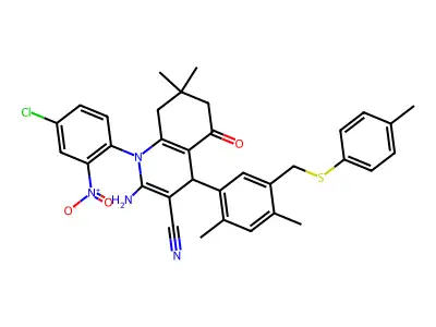 2-Amino-1-(4-chloro-2-nitrophenyl)-4-(2,4-dimethyl-5-{[(4-methylphenyl)sulfanyl]methyl}phenyl)-7,7-dimethyl-5-oxo-1,4,5,6,7,8-hexahydroquinoline-3-carbonitrile structure
