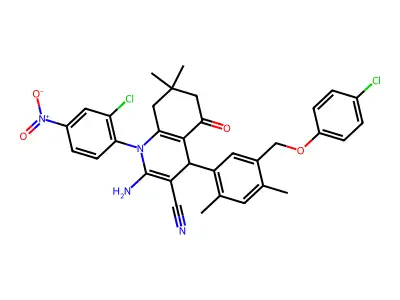 2-Amino-1-(2-chloro-4-nitrophenyl)-4-{5-[(4-chlorophenoxy)methyl]-2,4-dimethylphenyl}-7,7-dimethyl-5-oxo-1,4,5,6,7,8-hexahydroquinoline-3-carbonitrile structure