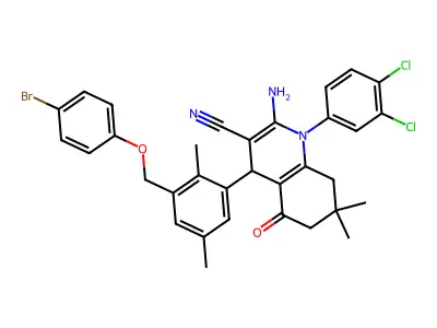 2-Amino-4-{3-[(4-bromophenoxy)methyl]-2,5-dimethylphenyl}-1-(3,4-dichlorophenyl)-7,7-dimethyl-5-oxo-1,4,5,6,7,8-hexahydroquinoline-3-carbonitrile structure