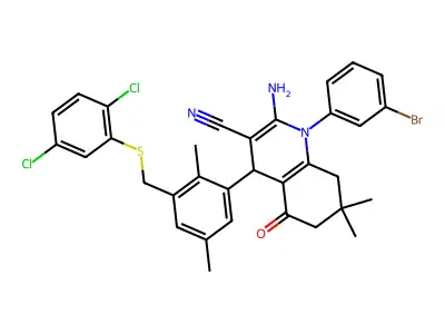 2-amino-1-(3-bromophenyl)-4-[3-[(2,5-dichlorophenyl)sulfanylmethyl]-2,5-dimethylphenyl]-7,7-dimethyl-5-oxo-6,8-dihydro-4H-quinoline-3-carbonitrile structure