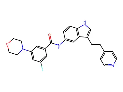 3-fluoro-5-(morpholin-4-yl)-N-(3-(2-(pyridin-4-yl)ethyl)-1H-indol-5-yl)benzamide structure