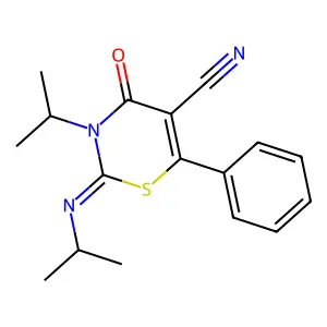 4-Oxo-6-phenyl-3-propan-2-yl-2-propan-2-ylimino-1,3-thiazine-5-carbonitrile structure
