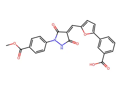 3-[5-({1-[4-(Methoxycarbonyl)phenyl]-3,5-dioxopyrazolidin-4-ylidene}methyl)furan-2-yl]benzoic acid structure