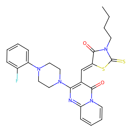 3-[(Z)-(3-butyl-4-oxo-2-thioxo-1,3-thiazolidin-5-ylidene)methyl]-2-[4-(2-fluorophenyl)piperazin-1-yl]-4H-pyrido[1,2-a]pyrimidin-4-one structure