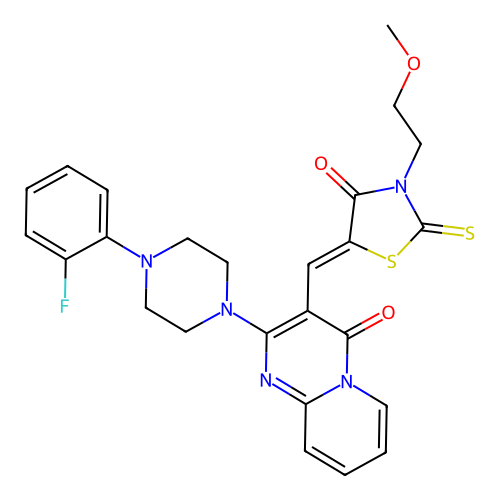 2-[4-(2-fluorophenyl)piperazin-1-yl]-3-{(Z)-[3-(2-methoxyethyl)-4-oxo-2-thioxo-1,3-thiazolidin-5-ylidene]methyl}-4H-pyrido[1,2-a]pyrimidin-4-one structure
