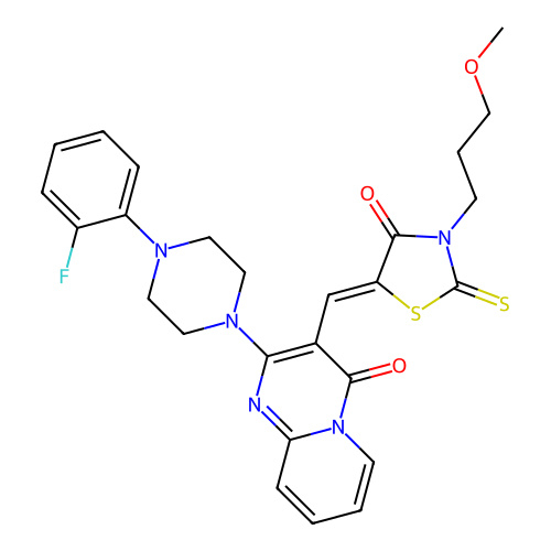 2-[4-(2-fluorophenyl)piperazin-1-yl]-3-{(Z)-[3-(3-methoxypropyl)-4-oxo-2-thioxo-1,3-thiazolidin-5-ylidene]methyl}-4H-pyrido[1,2-a]pyrimidin-4-one structure