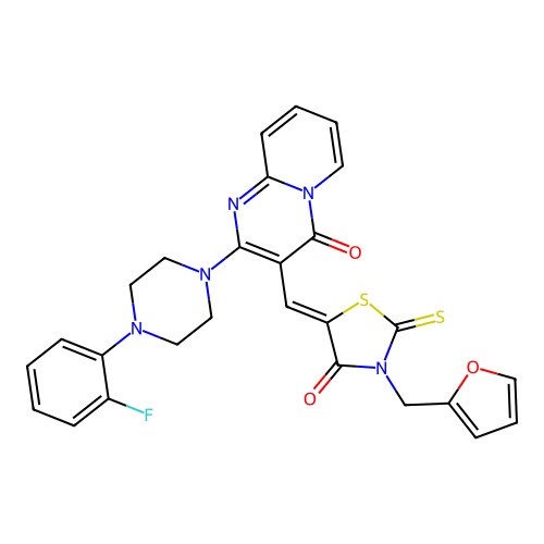 2-[4-(2-fluorophenyl)piperazin-1-yl]-3-{(Z)-[3-(furan-2-ylmethyl)-4-oxo-2-thioxo-1,3-thiazolidin-5-ylidene]methyl}-4H-pyrido[1,2-a]pyrimidin-4-one structure