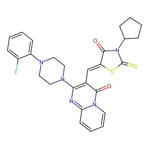 3-[(Z)-(3-cyclopentyl-4-oxo-2-thioxo-1,3-thiazolidin-5-ylidene)methyl]-2-[4-(2-fluorophenyl)piperazin-1-yl]-4H-pyrido[1,2-a]pyrimidin-4-one structure
