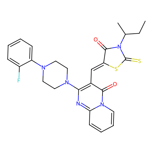 3-{(Z)-[3-(butan-2-yl)-4-oxo-2-thioxo-1,3-thiazolidin-5-ylidene]methyl}-2-[4-(2-fluorophenyl)piperazin-1-yl]-4H-pyrido[1,2-a]pyrimidin-4-one structure