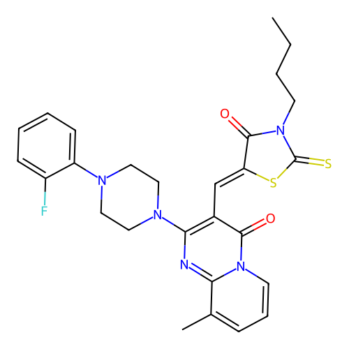 3-[(Z)-(3-butyl-4-oxo-2-thioxo-1,3-thiazolidin-5-ylidene)methyl]-2-[4-(2-fluorophenyl)piperazin-1-yl]-9-methyl-4H-pyrido[1,2-a]pyrimidin-4-one structure
