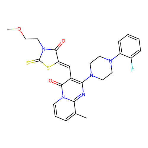 2-[4-(2-fluorophenyl)piperazin-1-yl]-3-{(Z)-[3-(2-methoxyethyl)-4-oxo-2-thioxo-1,3-thiazolidin-5-ylidene]methyl}-9-methyl-4H-pyrido[1,2-a]pyrimidin-4-one structure