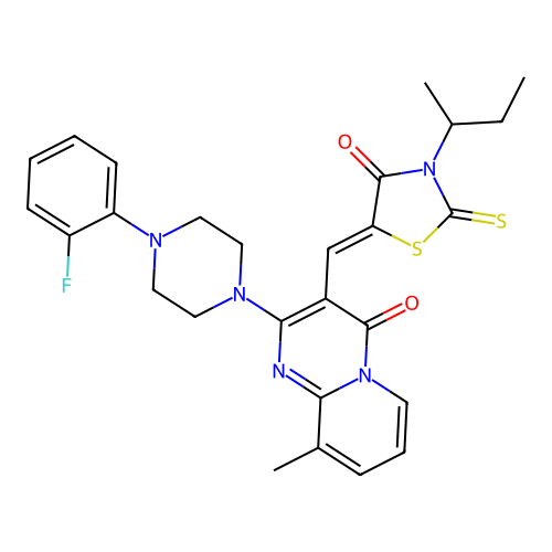3-{(Z)-[3-(butan-2-yl)-4-oxo-2-thioxo-1,3-thiazolidin-5-ylidene]methyl}-2-[4-(2-fluorophenyl)piperazin-1-yl]-9-methyl-4H-pyrido[1,2-a]pyrimidin-4-one structure