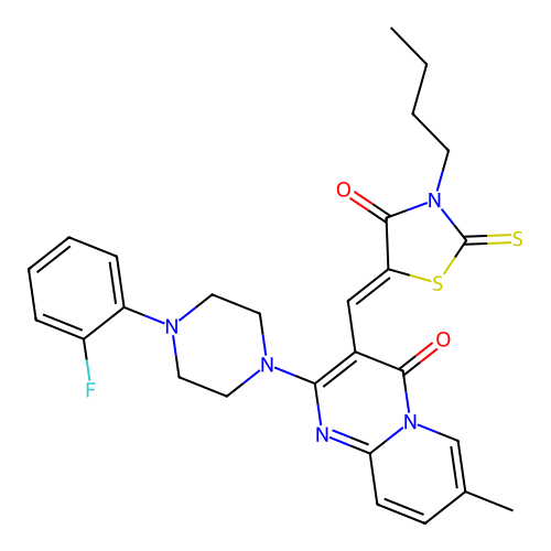 3-[(Z)-(3-butyl-4-oxo-2-thioxo-1,3-thiazolidin-5-ylidene)methyl]-2-[4-(2-fluorophenyl)piperazin-1-yl]-7-methyl-4H-pyrido[1,2-a]pyrimidin-4-one structure