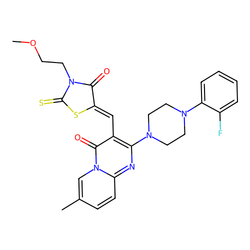 2-[4-(2-fluorophenyl)piperazin-1-yl]-3-{(Z)-[3-(2-methoxyethyl)-4-oxo-2-thioxo-1,3-thiazolidin-5-ylidene]methyl}-7-methyl-4H-pyrido[1,2-a]pyrimidin-4-one structure