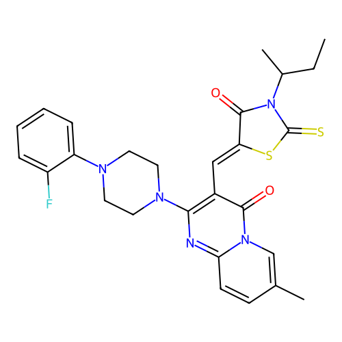 3-{(Z)-[3-(butan-2-yl)-4-oxo-2-thioxo-1,3-thiazolidin-5-ylidene]methyl}-2-[4-(2-fluorophenyl)piperazin-1-yl]-7-methyl-4H-pyrido[1,2-a]pyrimidin-4-one structure