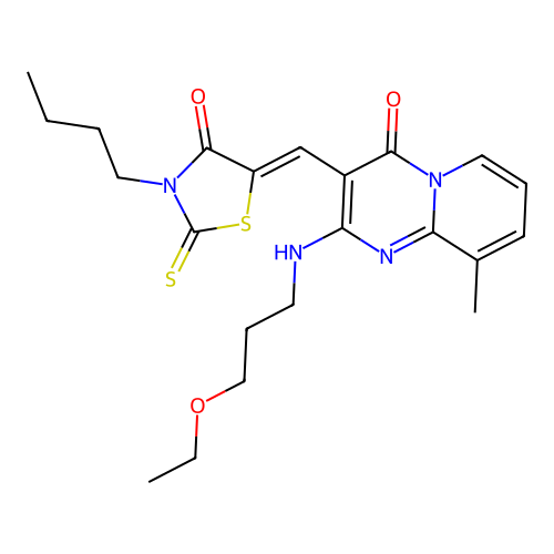 3-[(Z)-(3-butyl-4-oxo-2-thioxo-1,3-thiazolidin-5-ylidene)methyl]-2-[(3-ethoxypropyl)amino]-9-methyl-4H-pyrido[1,2-a]pyrimidin-4-one structure