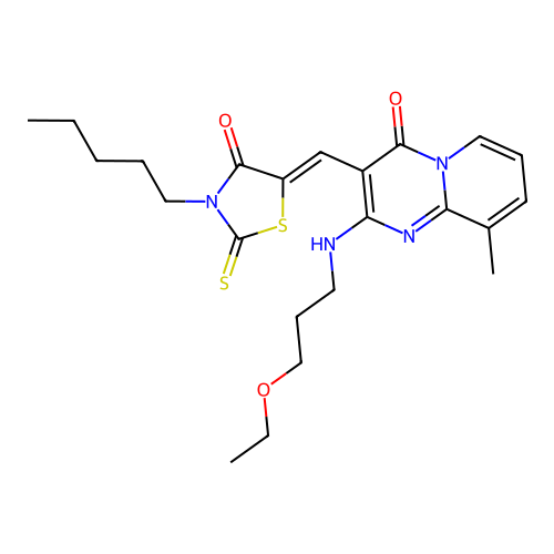 2-[(3-ethoxypropyl)amino]-9-methyl-3-[(Z)-(4-oxo-3-pentyl-2-thioxo-1,3-thiazolidin-5-ylidene)methyl]-4H-pyrido[1,2-a]pyrimidin-4-one structure
