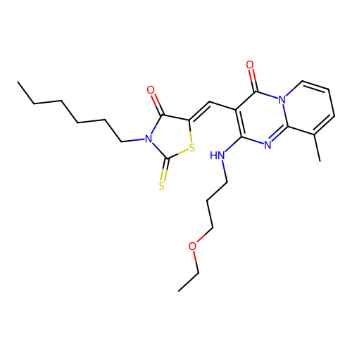 2-[(3-ethoxypropyl)amino]-3-[(Z)-(3-hexyl-4-oxo-2-thioxo-1,3-thiazolidin-5-ylidene)methyl]-9-methyl-4H-pyrido[1,2-a]pyrimidin-4-one structure