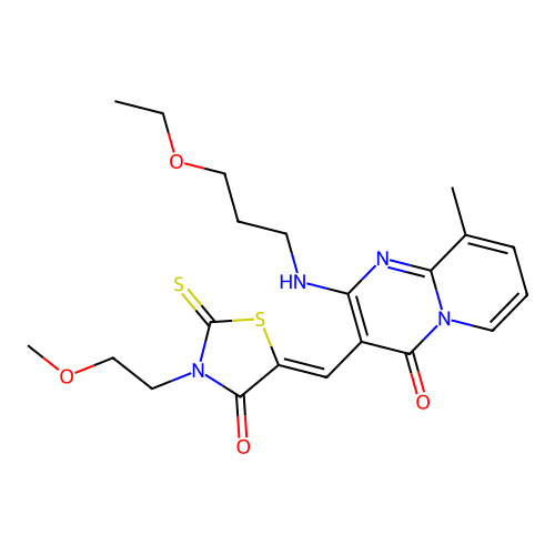 2-[(3-ethoxypropyl)amino]-3-{(Z)-[3-(2-methoxyethyl)-4-oxo-2-thioxo-1,3-thiazolidin-5-ylidene]methyl}-9-methyl-4H-pyrido[1,2-a]pyrimidin-4-one structure