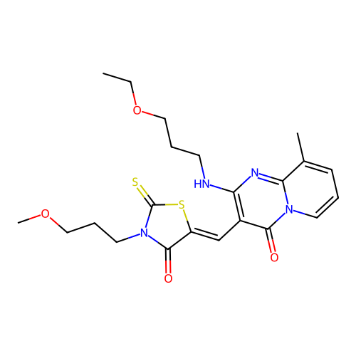 2-[(3-ethoxypropyl)amino]-3-{(Z)-[3-(3-methoxypropyl)-4-oxo-2-thioxo-1,3-thiazolidin-5-ylidene]methyl}-9-methyl-4H-pyrido[1,2-a]pyrimidin-4-one structure