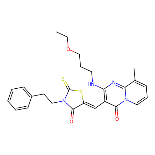 2-[(3-ethoxypropyl)amino]-9-methyl-3-{(Z)-[4-oxo-3-(2-phenylethyl)-2-thioxo-1,3-thiazolidin-5-ylidene]methyl}-4H-pyrido[1,2-a]pyrimidin-4-one structure