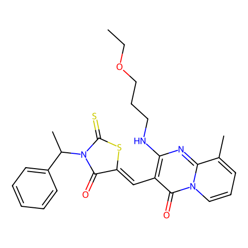 2-[(3-ethoxypropyl)amino]-9-methyl-3-{(Z)-[4-oxo-3-(1-phenylethyl)-2-thioxo-1,3-thiazolidin-5-ylidene]methyl}-4H-pyrido[1,2-a]pyrimidin-4-one structure