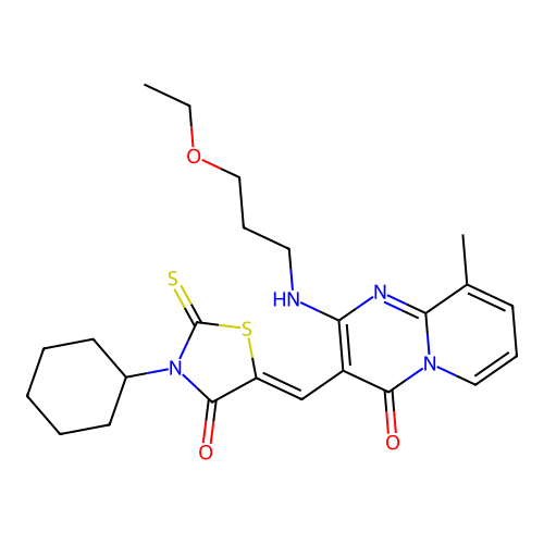 3-[(Z)-(3-cyclohexyl-4-oxo-2-thioxo-1,3-thiazolidin-5-ylidene)methyl]-2-[(3-ethoxypropyl)amino]-9-methyl-4H-pyrido[1,2-a]pyrimidin-4-one structure
