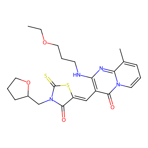 2-[(3-ethoxypropyl)amino]-9-methyl-3-{(Z)-[4-oxo-3-(tetrahydrofuran-2-ylmethyl)-2-thioxo-1,3-thiazolidin-5-ylidene]methyl}-4H-pyrido[1,2-a]pyrimidin-4-one structure