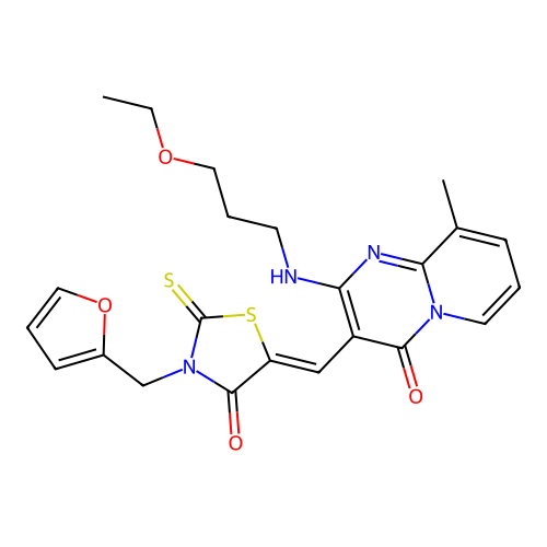 2-[(3-ethoxypropyl)amino]-3-{(Z)-[3-(furan-2-ylmethyl)-4-oxo-2-thioxo-1,3-thiazolidin-5-ylidene]methyl}-9-methyl-4H-pyrido[1,2-a]pyrimidin-4-one structure