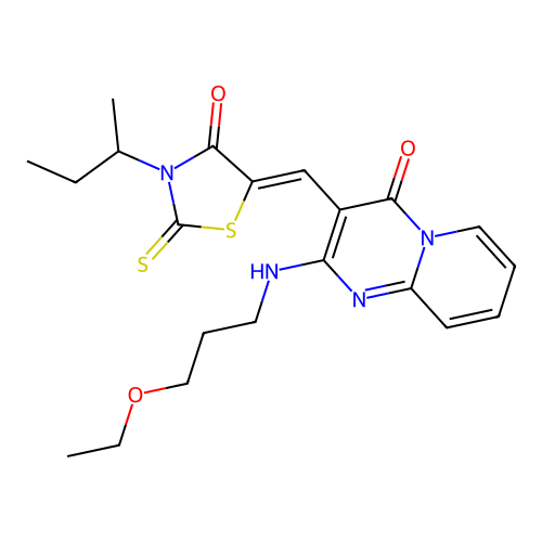 (5Z)-3-butan-2-yl-5-[[2-(3-ethoxypropylamino)-4-oxopyrido[1,2-a]pyrimidin-3-yl]methylidene]-2-sulfanylidene-1,3-thiazolidin-4-one structure