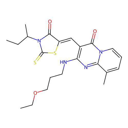 (5Z)-3-butan-2-yl-5-[[2-(3-ethoxypropylamino)-9-methyl-4-oxopyrido[1,2-a]pyrimidin-3-yl]methylidene]-2-sulfanylidene-1,3-thiazolidin-4-one structure