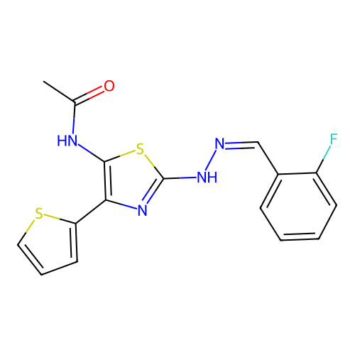 (Z)-N-(2-(2-(2-fluorobenzylidene)hydrazinyl)-4-(thiophen-2-yl)thiazol-5-yl)acetamide structure