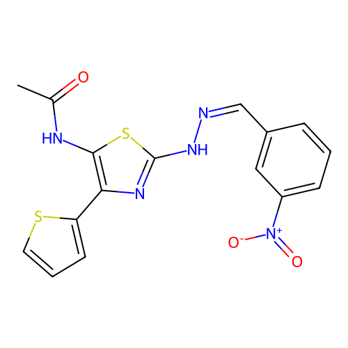 (Z)-N-(2-(2-(3-nitrobenzylidene)hydrazinyl)-4-(thiophen-2-yl)thiazol-5-yl)acetamide structure