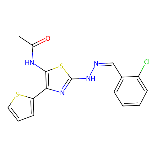 (Z)-N-(2-(2-(2-chlorobenzylidene)hydrazinyl)-4-(thiophen-2-yl)thiazol-5-yl)acetamide structure