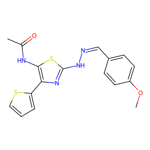 (Z)-N-(2-(2-(4-methoxybenzylidene)hydrazinyl)-4-(thiophen-2-yl)thiazol-5-yl)acetamide structure