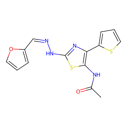 (Z)-N-(2-(2-(furan-2-ylmethylene)hydrazinyl)-4-(thiophen-2-yl)thiazol-5-yl)acetamide structure