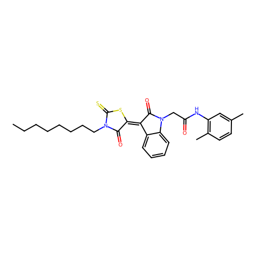 N-(2,5-dimethylphenyl)-2-[(3Z)-3-(3-octyl-4-oxo-2-thioxo-1,3-thiazolidin-5-ylidene)-2-oxo-2,3-dihydro-1H-indol-1-yl]acetamide structure
