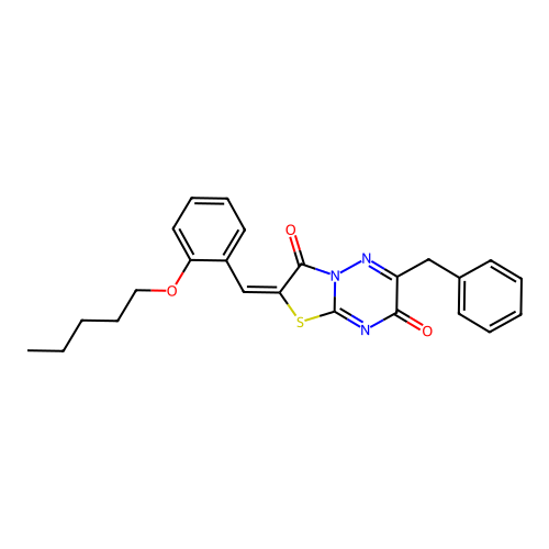 (E)-6-benzyl-2-(2-(pentyloxy)benzylidene)-2H-thiazolo[3,2-b][1,2,4]triazine-3,7-dione structure