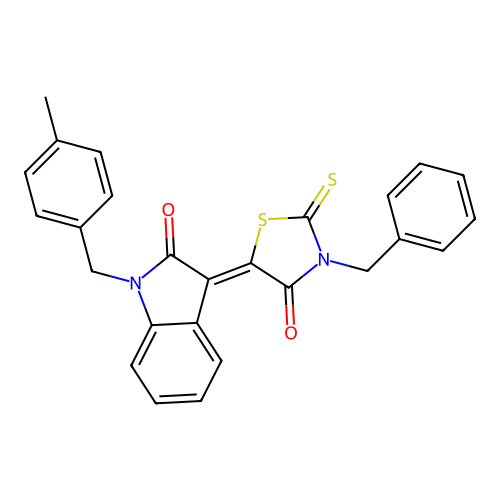 (3Z)-3-(3-benzyl-4-oxo-2-thioxo-1,3-thiazolidin-5-ylidene)-1-(4-methylbenzyl)-1,3-dihydro-2H-indol-2-one structure
