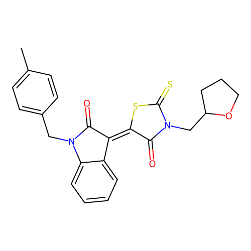 (Z)-5-(1-(4-methylbenzyl)-2-oxoindolin-3-ylidene)-3-((tetrahydrofuran-2-yl)methyl)-2-thioxothiazolidin-4-one structure