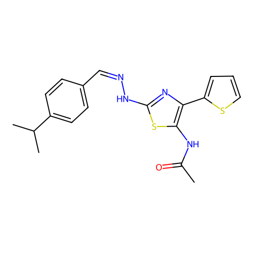 (Z)-N-(2-(2-(4-isopropylbenzylidene)hydrazinyl)-4-(thiophen-2-yl)thiazol-5-yl)acetamide structure
