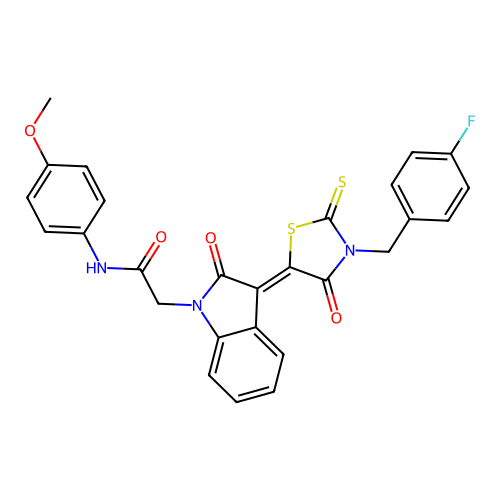 2-{(3Z)-3-[3-(4-fluorobenzyl)-4-oxo-2-thioxo-1,3-thiazolidin-5-ylidene]-2-oxo-2,3-dihydro-1H-indol-1-yl}-N-(4-methoxyphenyl)acetamide structure